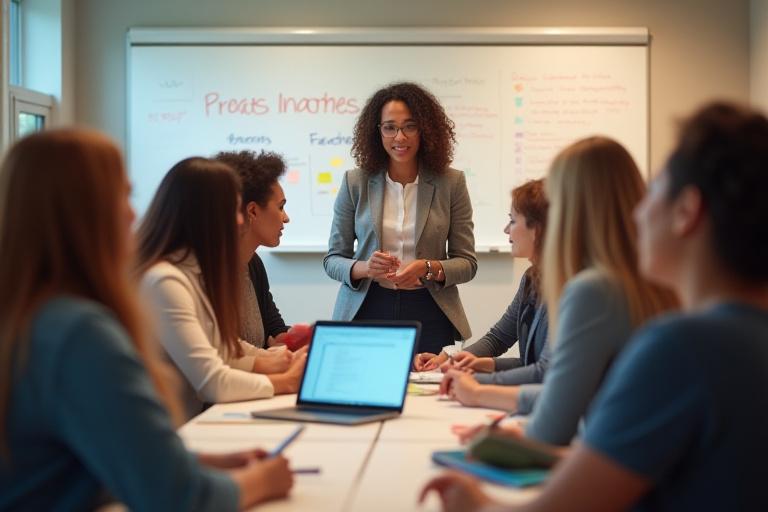 Diverse group of teachers participating in a professional development workshop with a lead instructor
