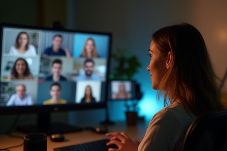 Educator teaching a virtual class from a home studio setup, with students visible in small screens