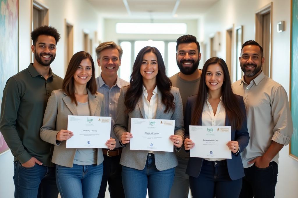 Smiling group of teachers celebrating successful professional development